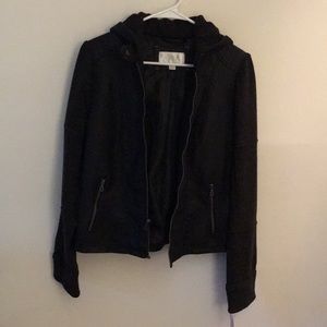 Black leather jacket with cotton hood